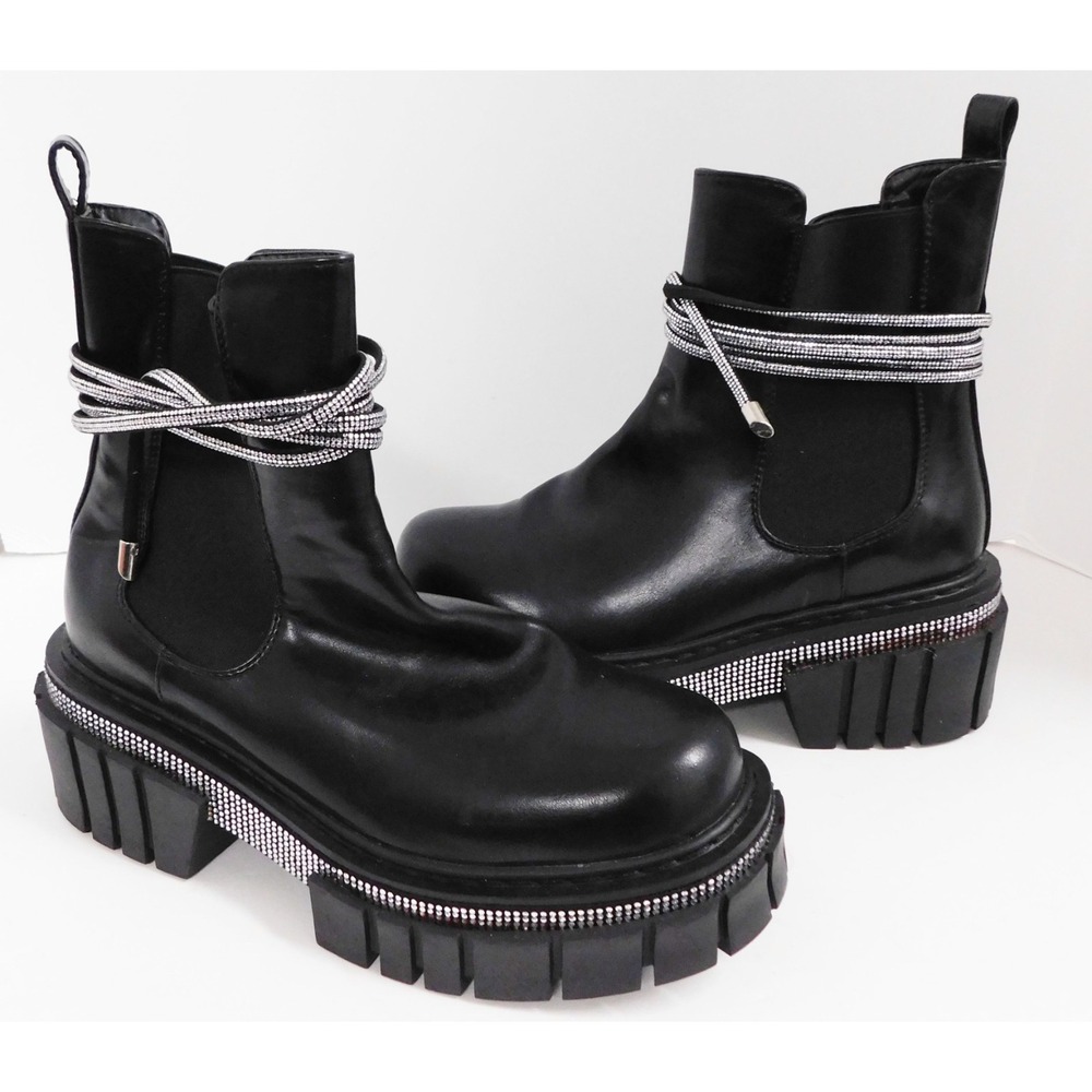 AZALEA WANG GHOSTED BLACK CHUNKY JEWELED CHELSEA LUG BOOTS sz 9 NEW